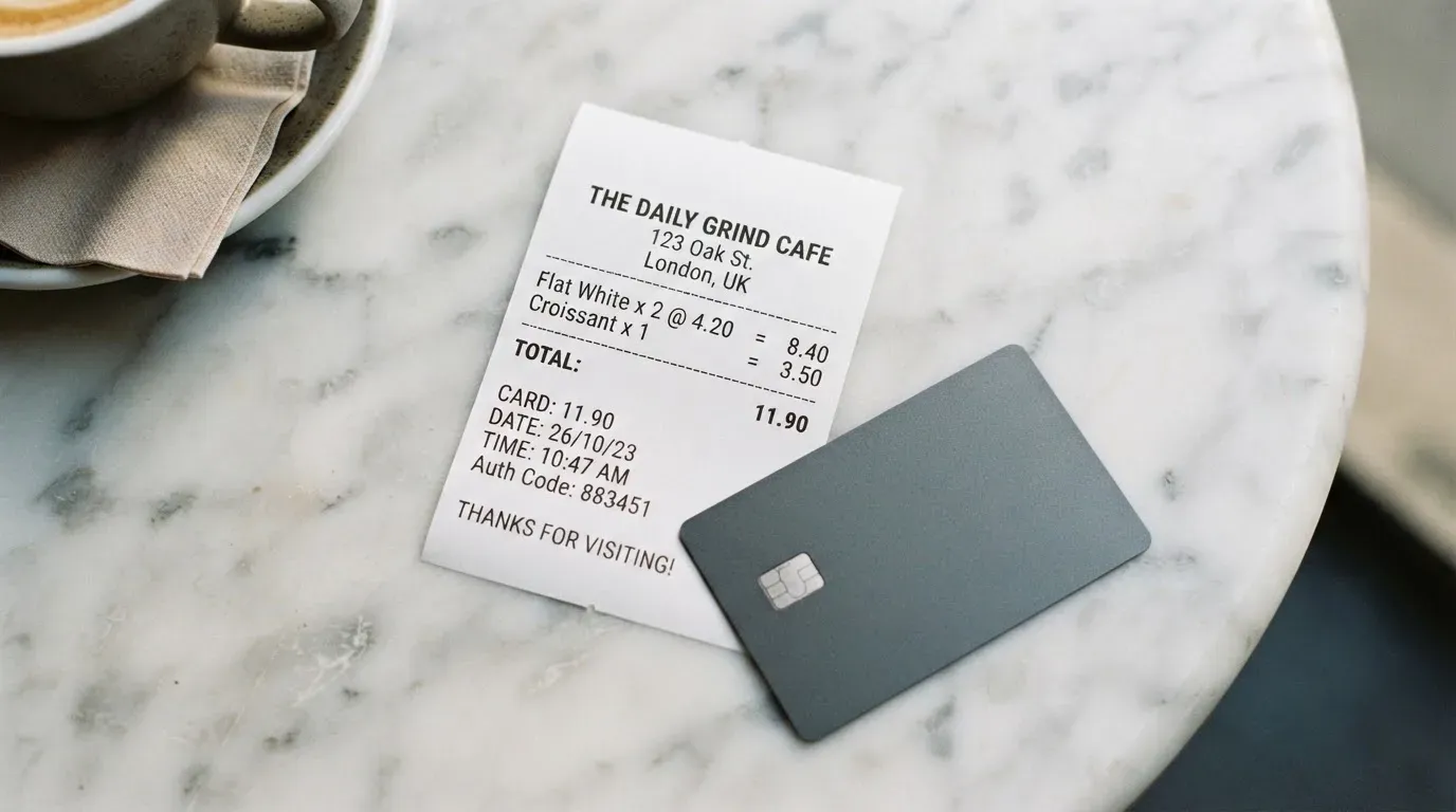 A receipt and a card on a café table