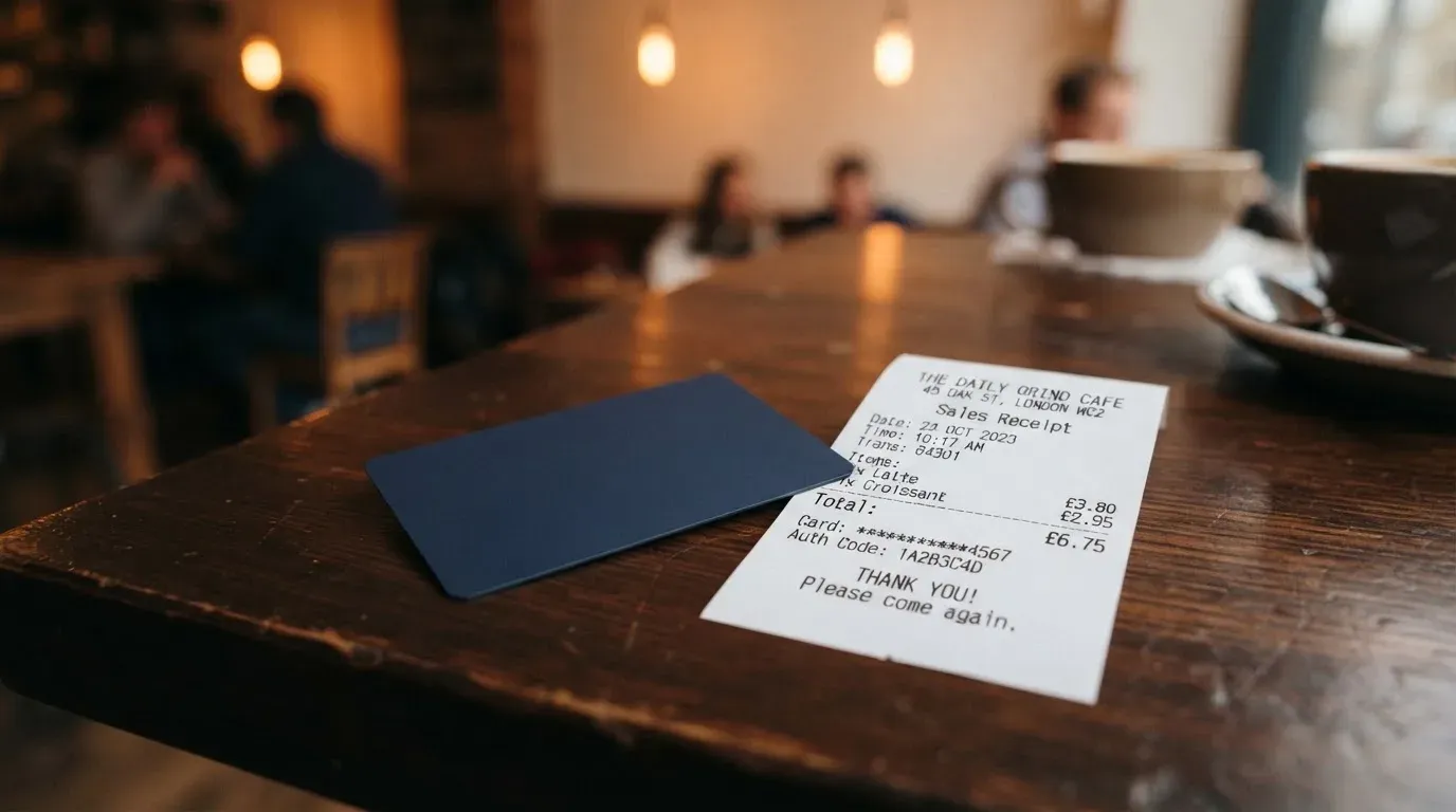 A receipt and a card on a café table