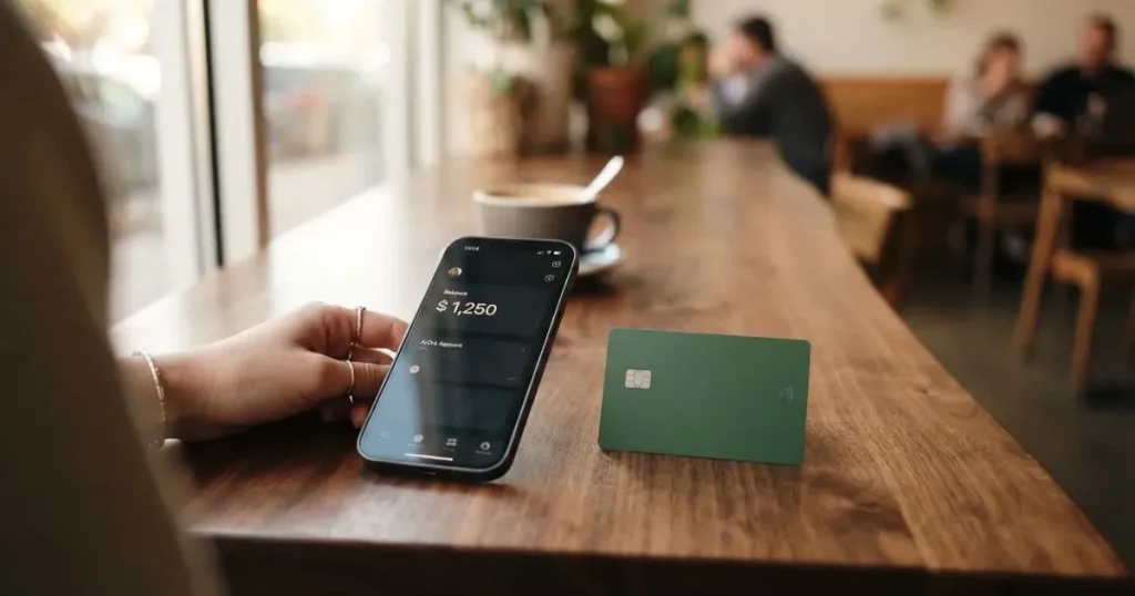 A payment card next to a phone with a crypto wallet app open