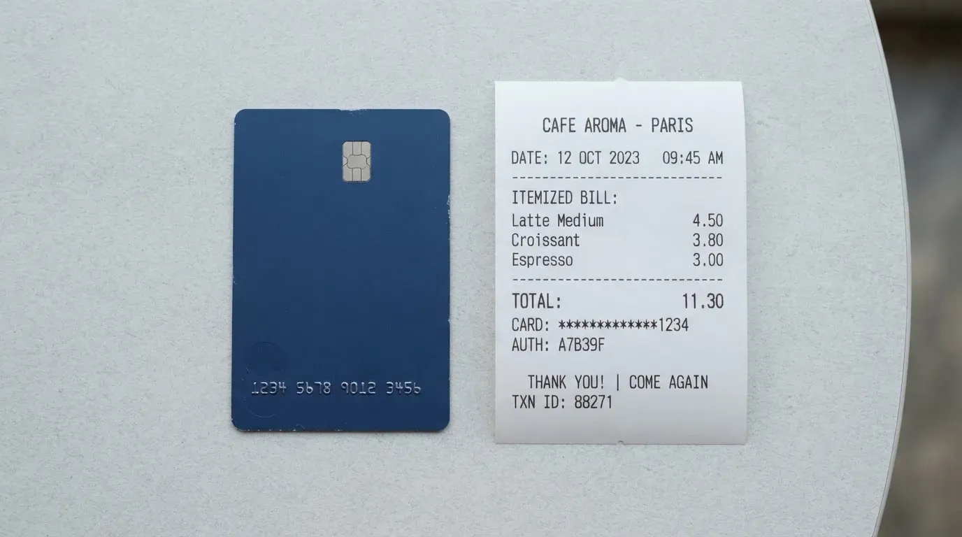 A receipt and a card on a café table