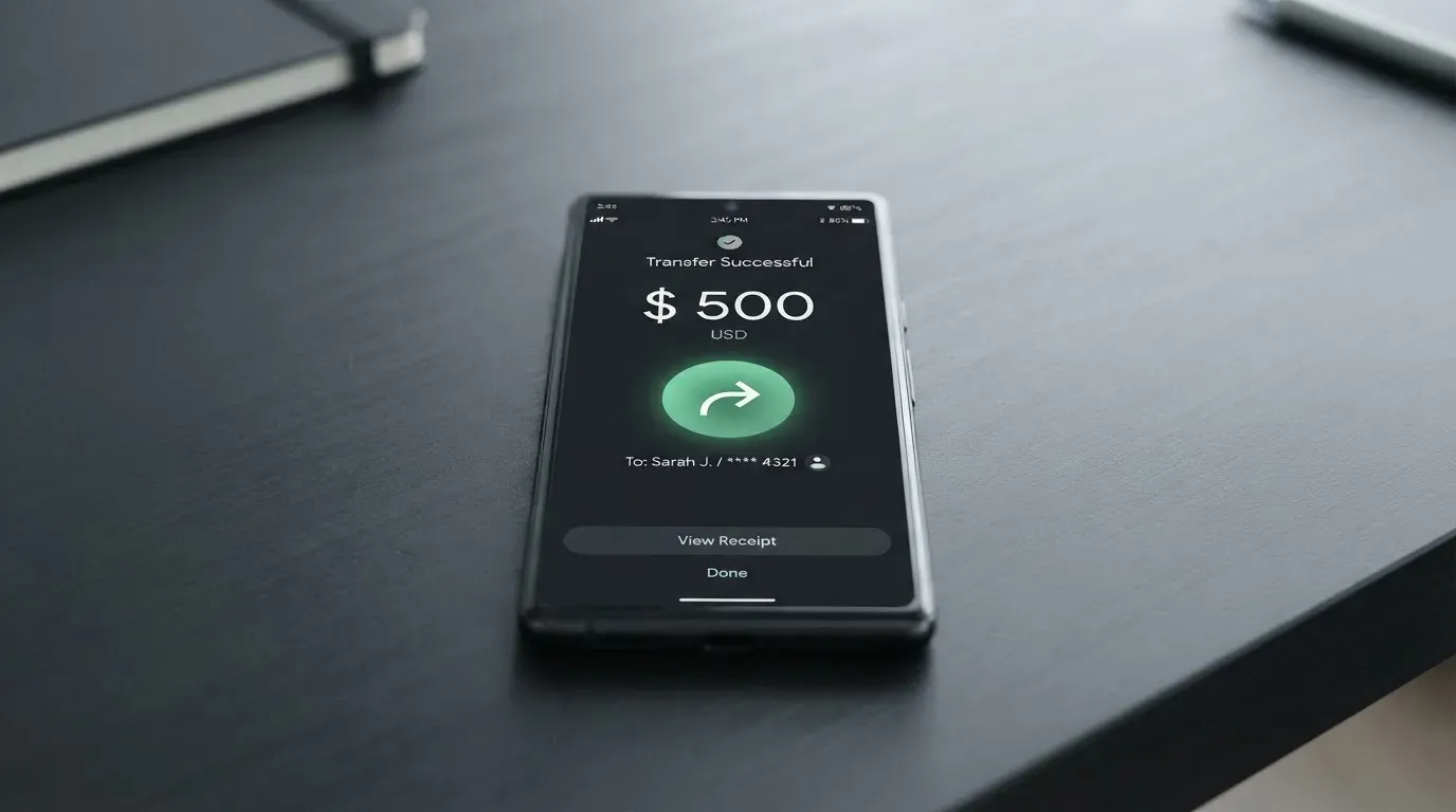 A phone showing a stablecoin transfer screen