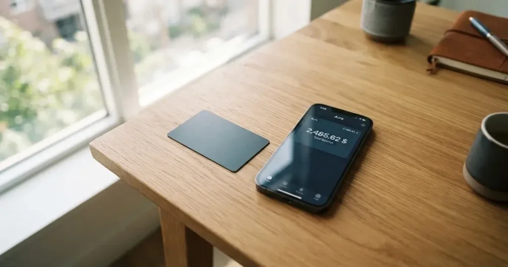 A payment card next to a phone with a crypto wallet app open