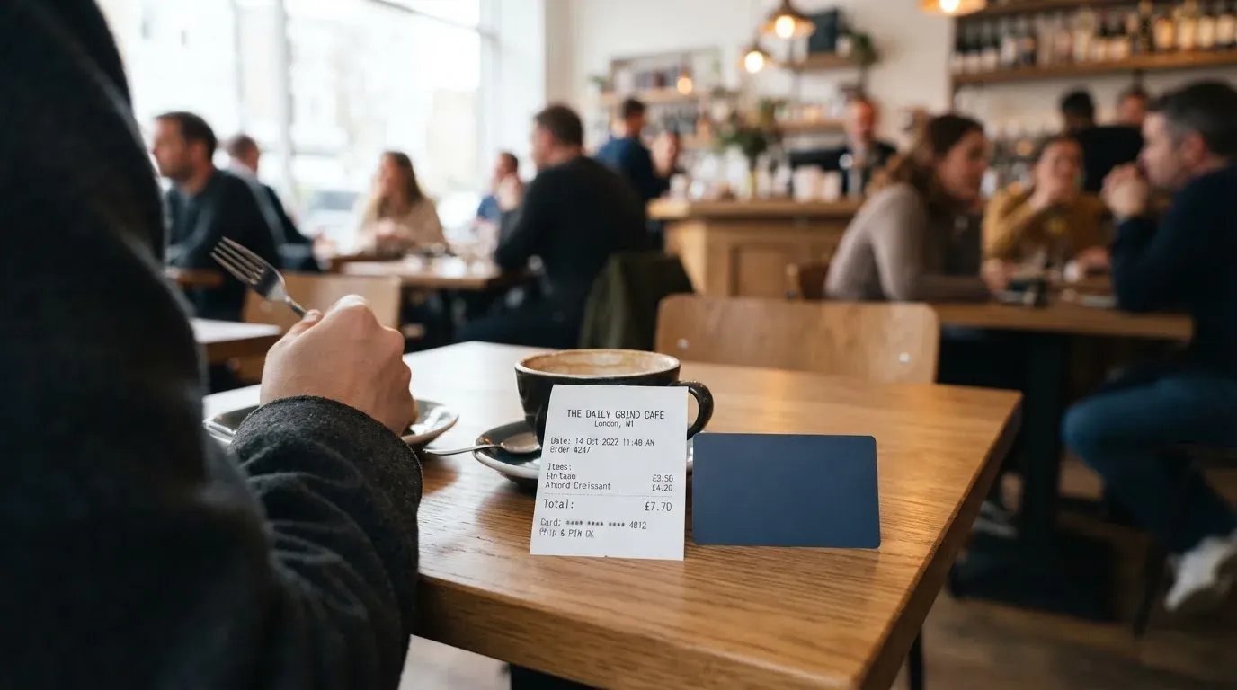 A receipt and a card on a café table