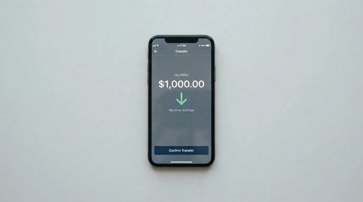 A phone showing a stablecoin transfer screen