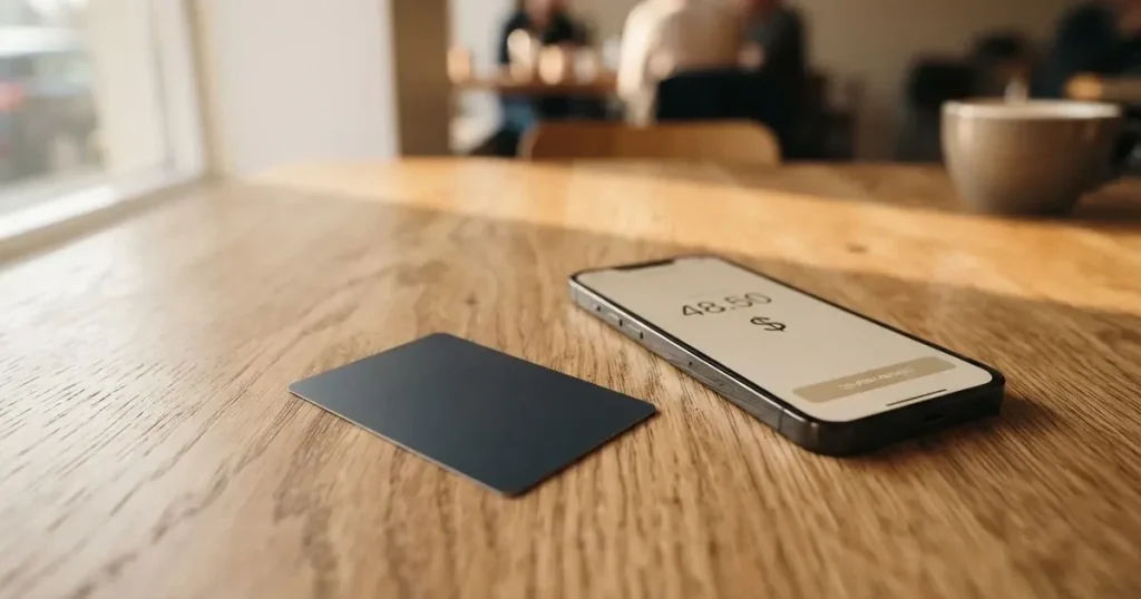 A payment card next to a phone with a crypto wallet app open