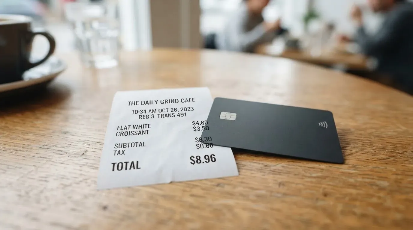 A receipt and a card on a café table
