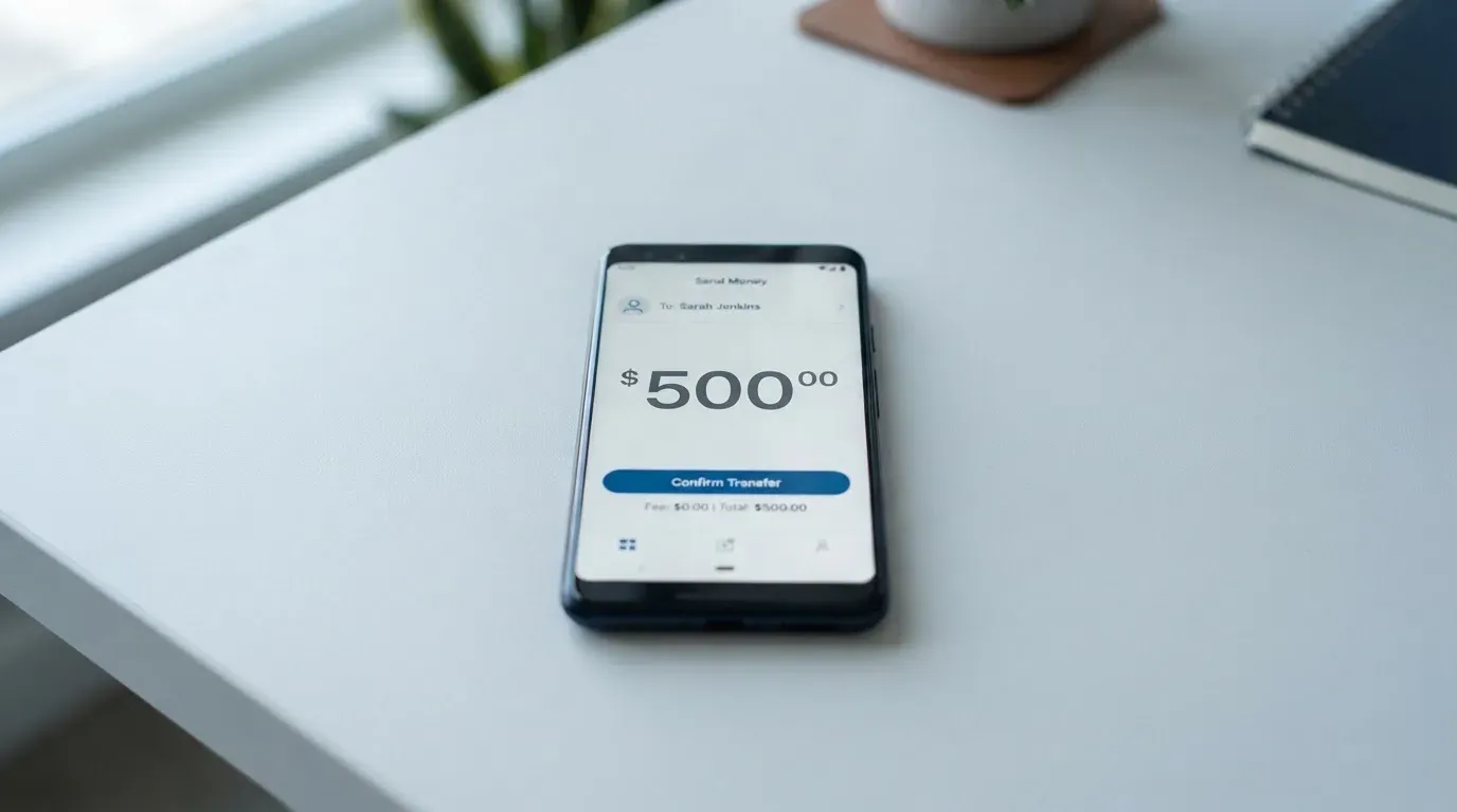 A phone showing a stablecoin transfer screen