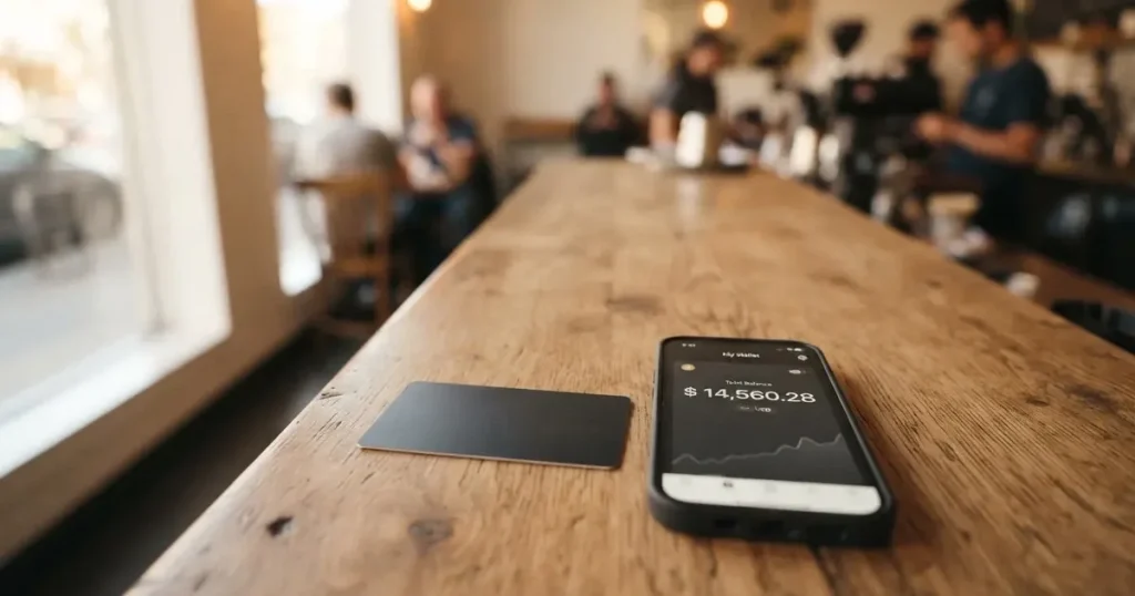 A payment card next to a phone with a crypto wallet app open