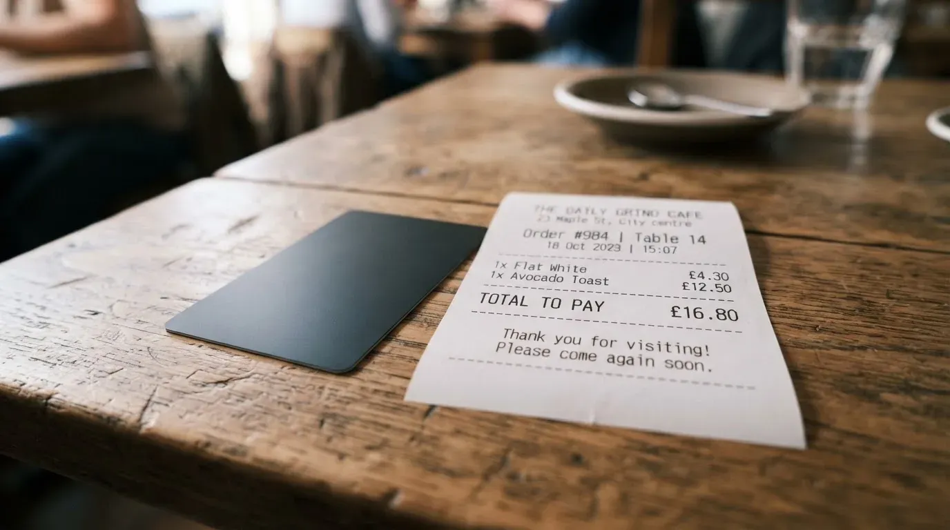 A receipt and a card on a café table