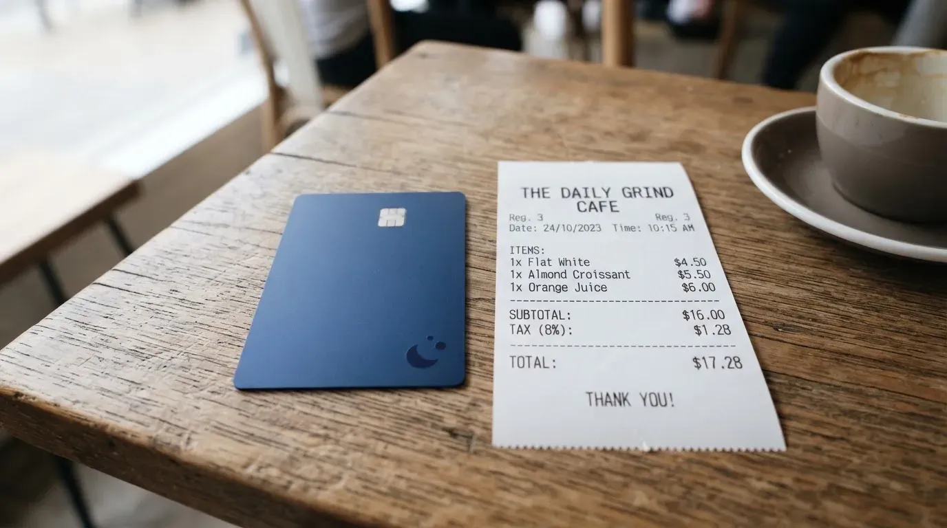 A receipt and a card on a café table