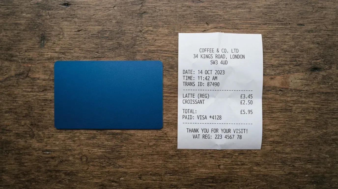 A receipt and a card on a café table