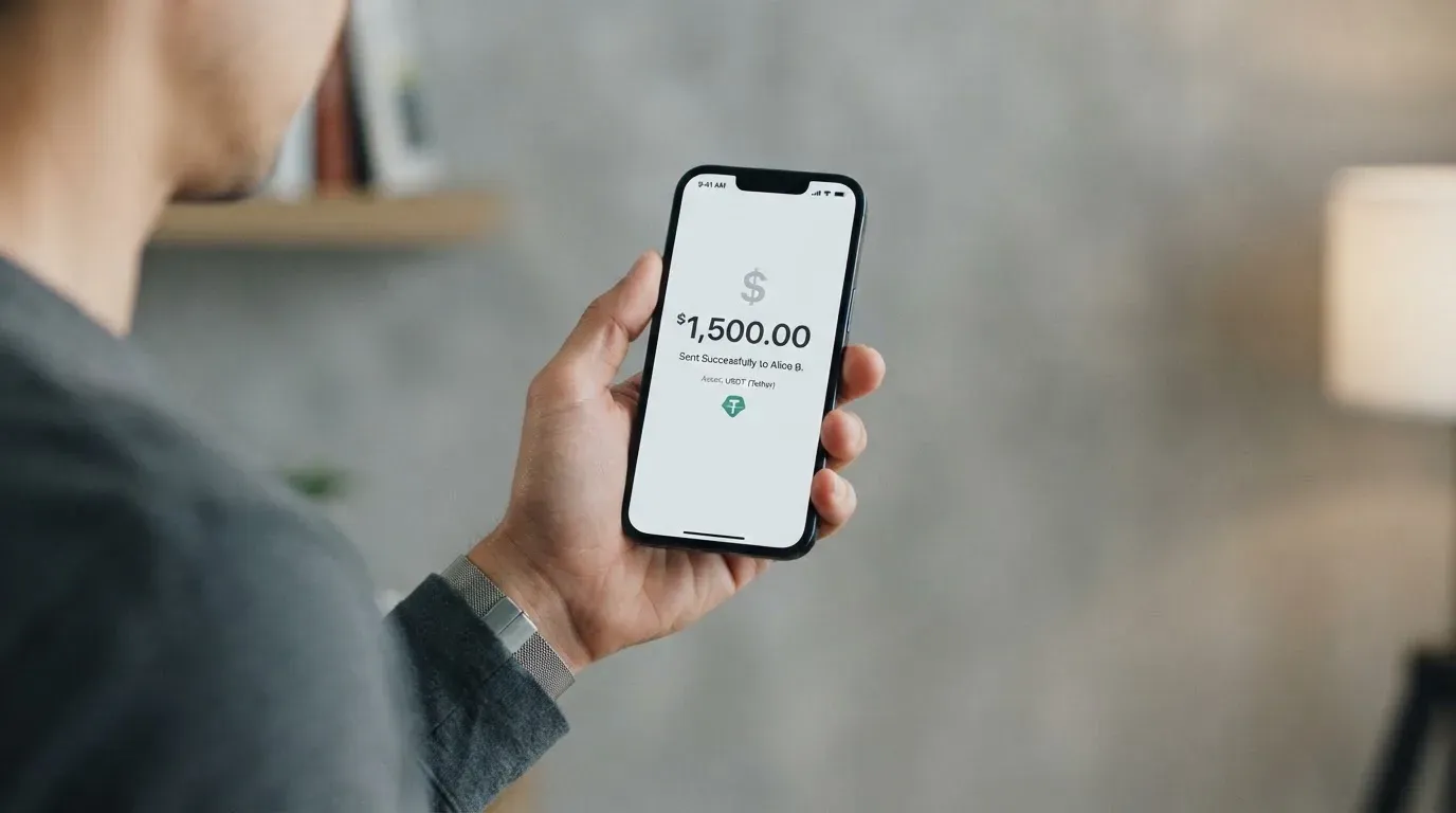 A phone showing a stablecoin transfer screen
