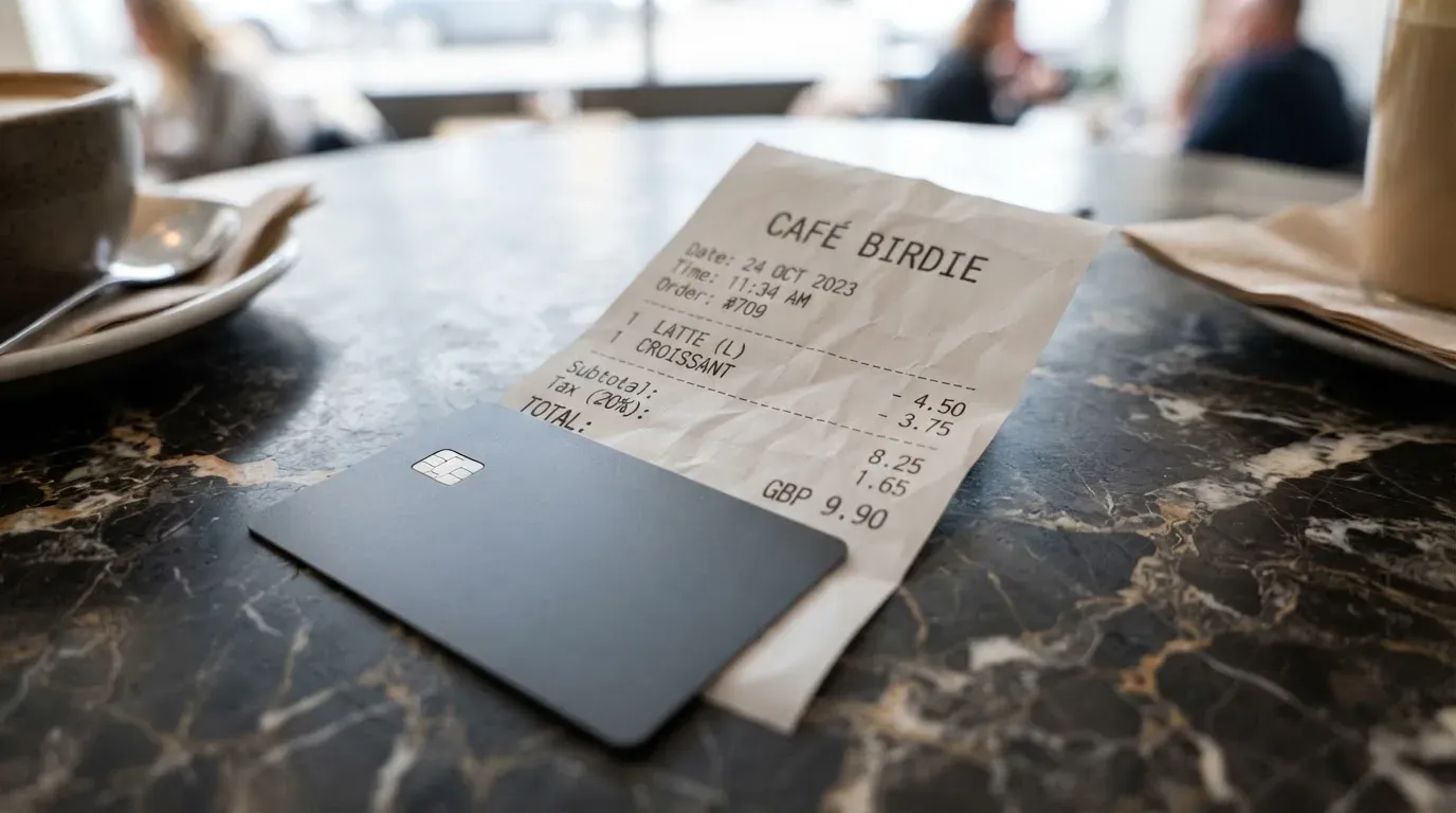 A receipt and a card on a café table