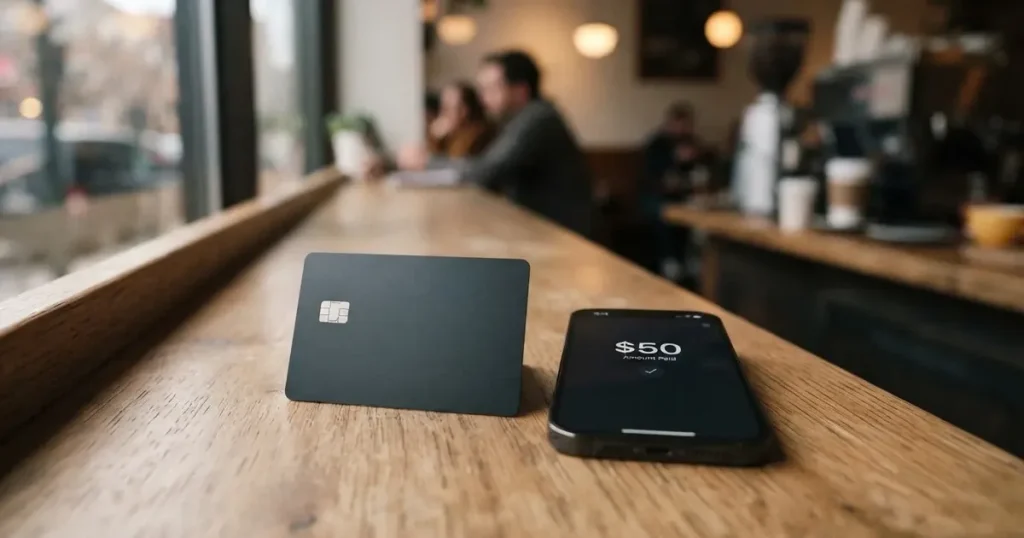 A payment card next to a phone with a crypto wallet app open