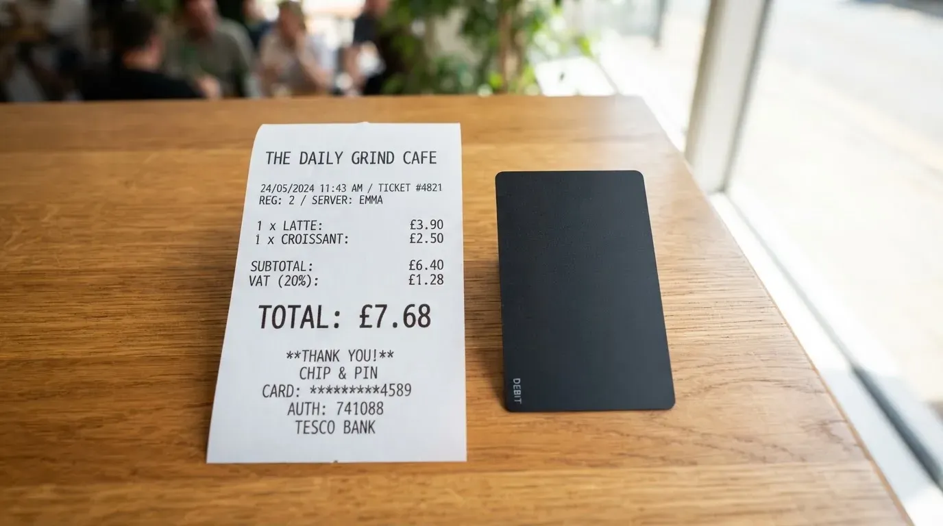 A receipt and a card on a café table