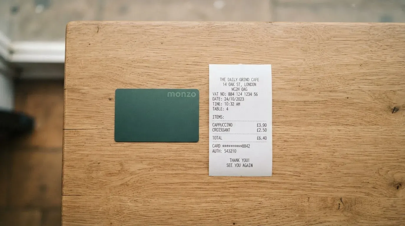 A receipt and a card on a café table