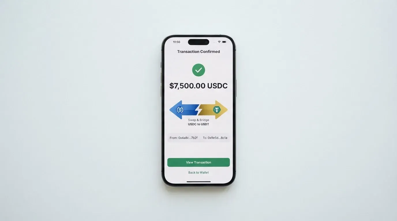 A phone showing a stablecoin transfer screen