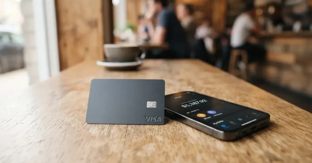 A payment card next to a phone with a crypto wallet app open