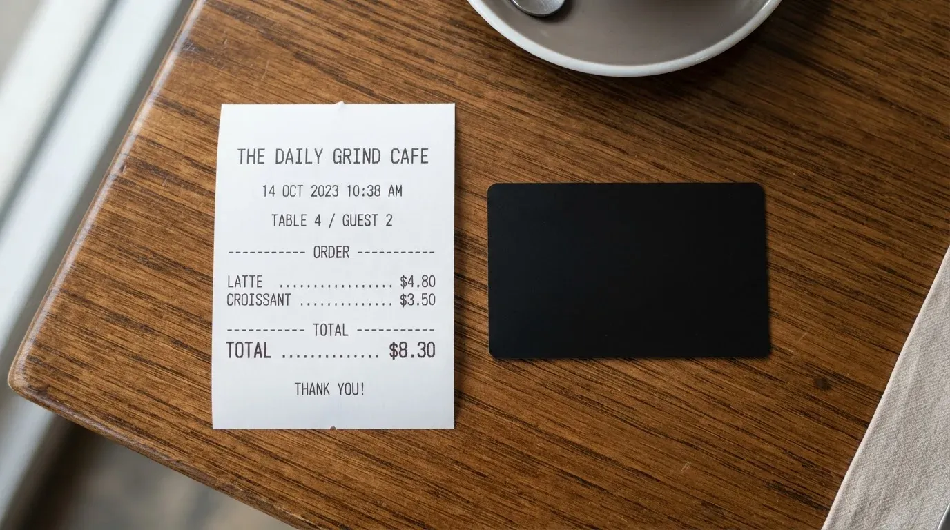 A receipt and a card on a café table