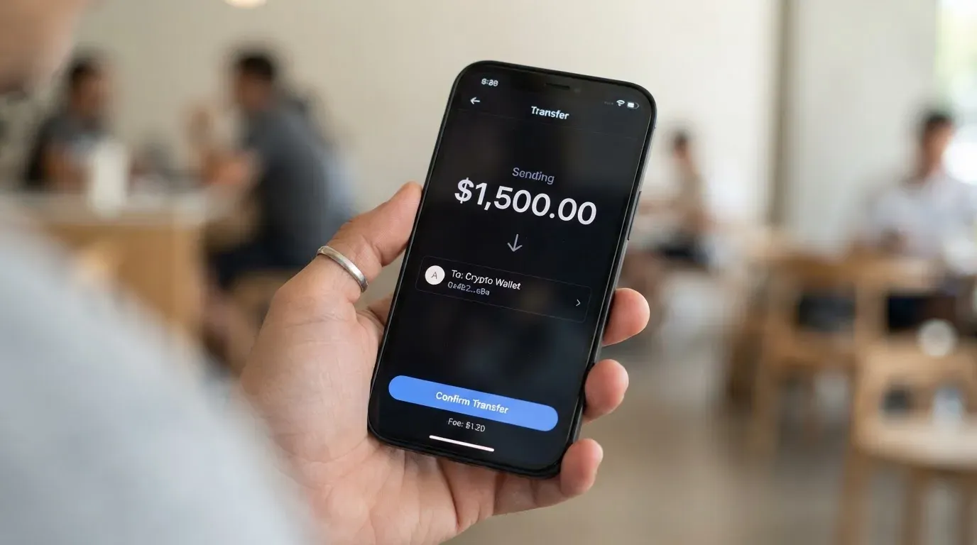 A phone showing a stablecoin transfer screen