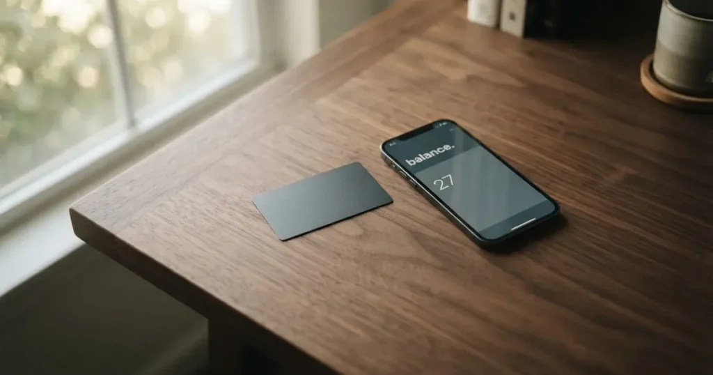 A payment card next to a phone with a crypto wallet app open