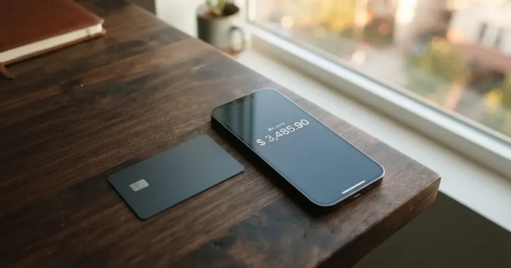 A payment card next to a phone with a crypto wallet app open