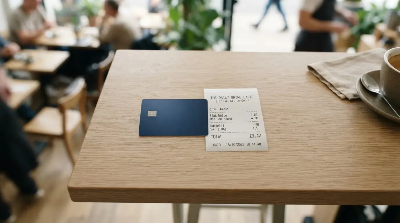 A receipt and a card on a café table