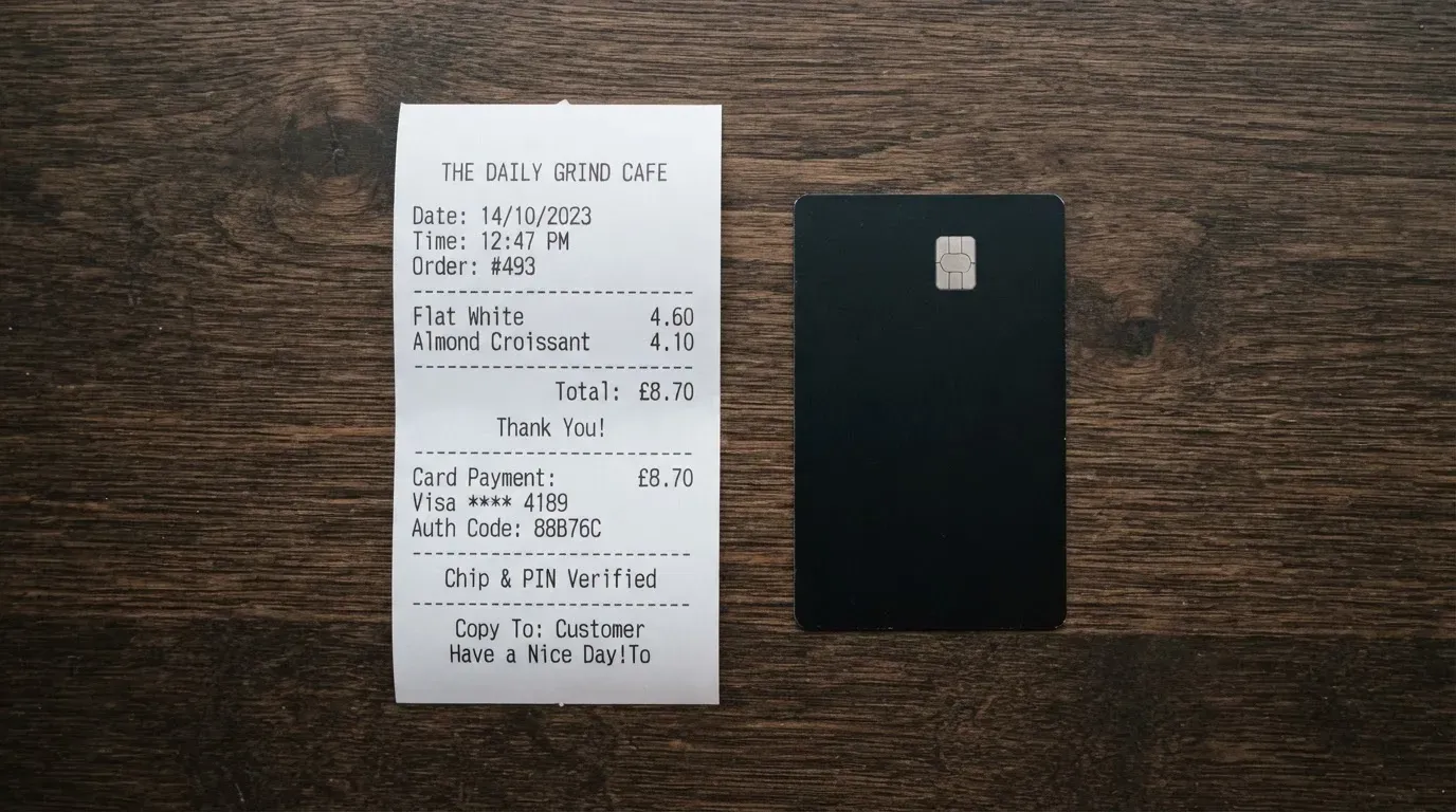 A receipt and a card on a café table