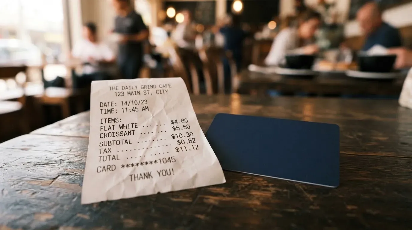 A receipt and a card on a café table