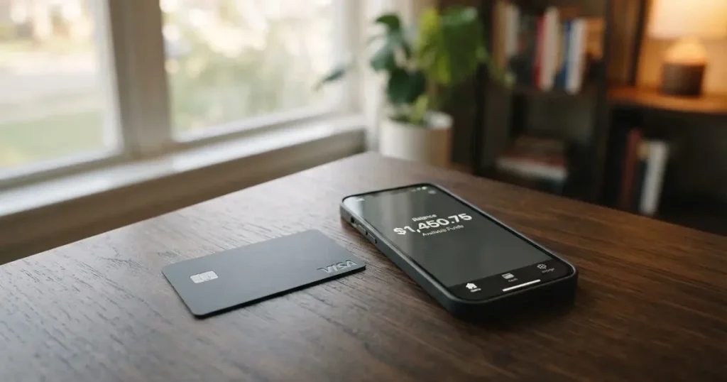 A payment card next to a phone with a crypto wallet app open