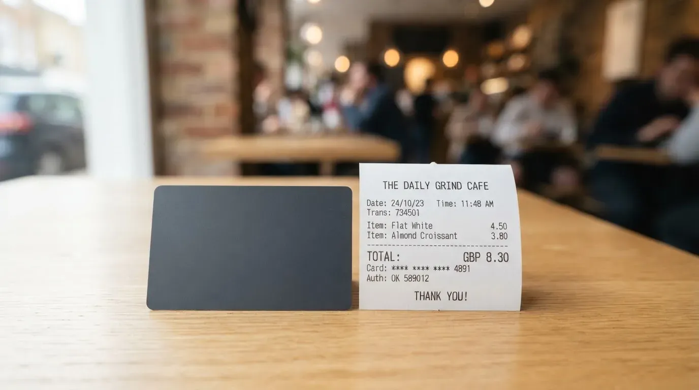 A receipt and a card on a café table