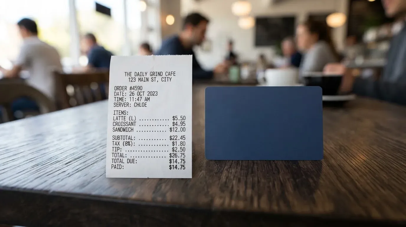 A receipt and a card on a café table