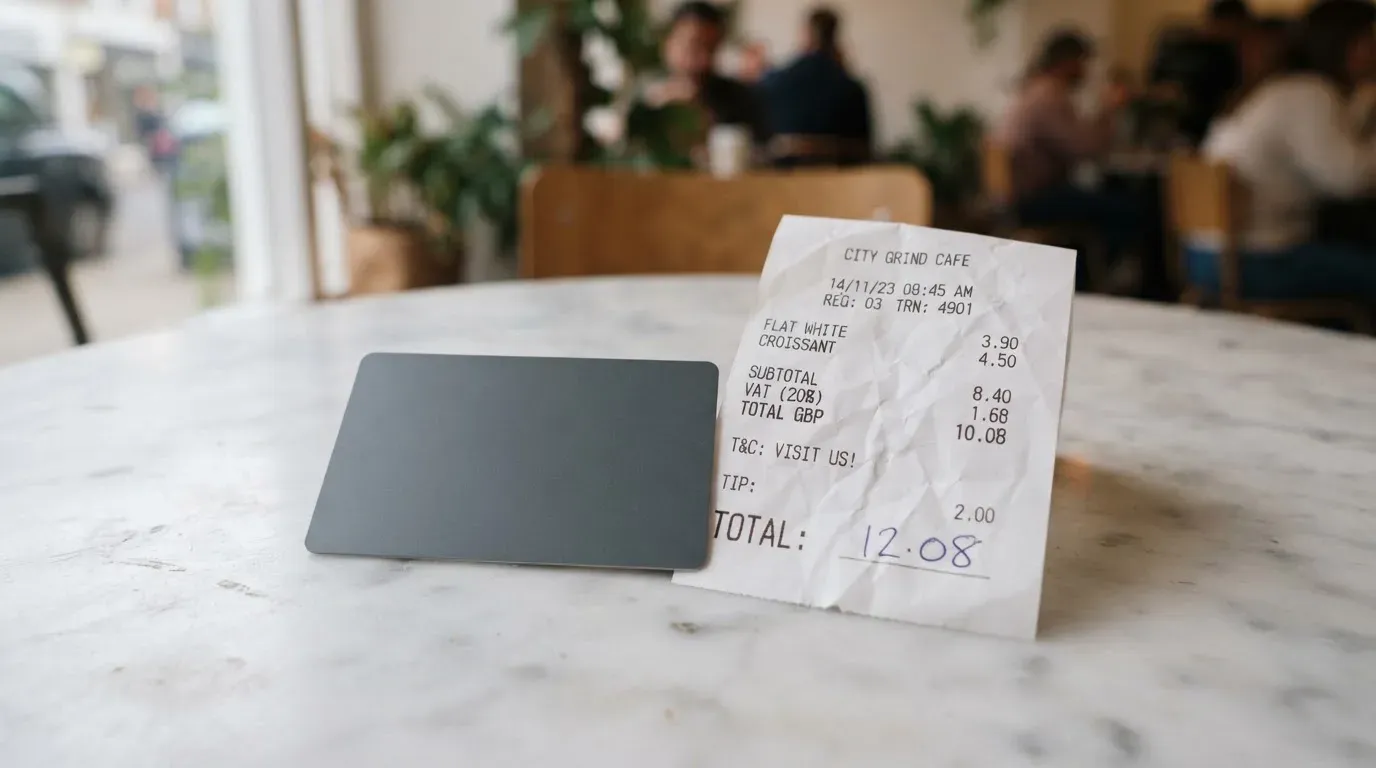 A receipt and a card on a café table