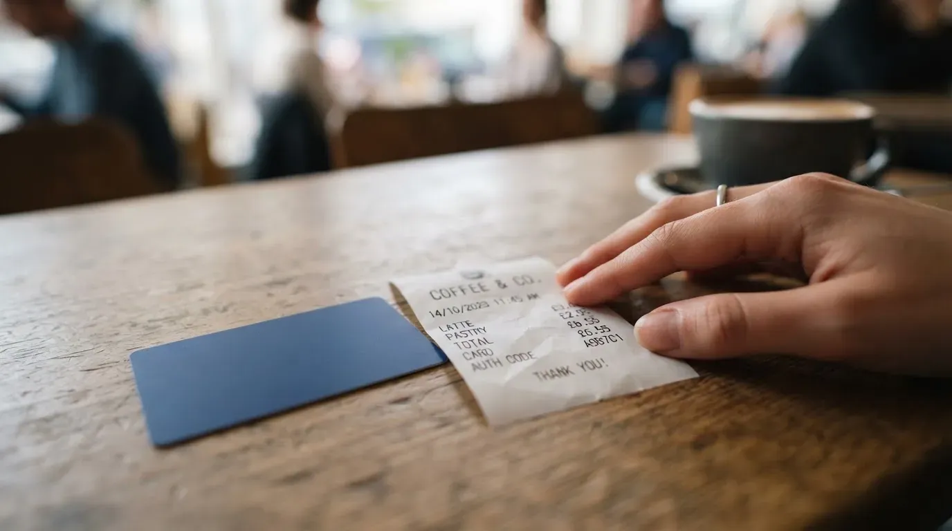 A receipt and a card on a café table