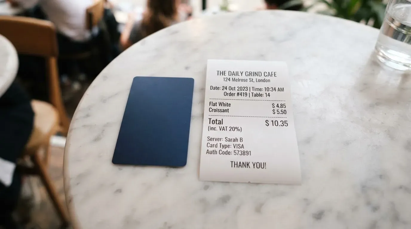A receipt and a card on a café table