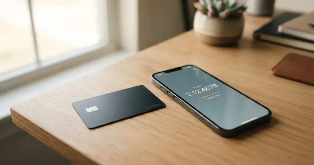A payment card next to a phone with a crypto wallet app open