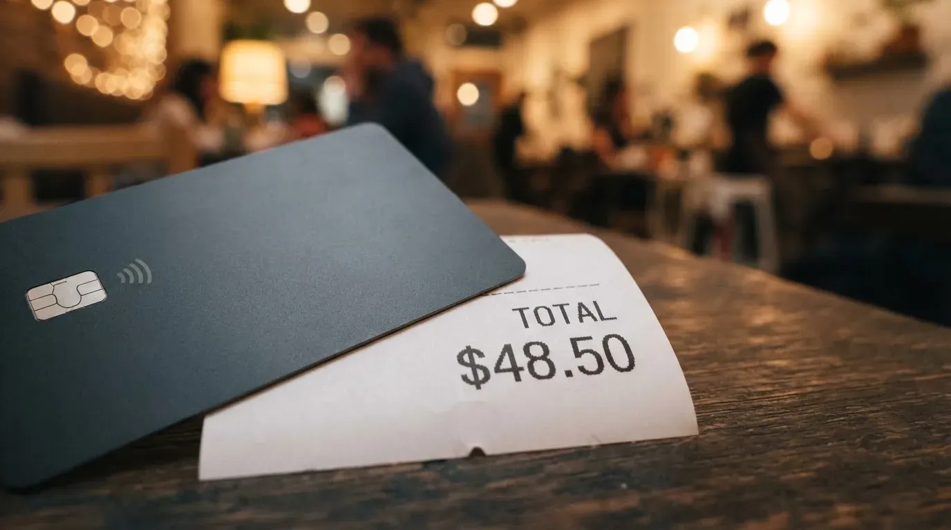 A receipt and a card on a café table