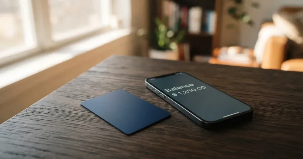 A payment card next to a phone with a crypto wallet app open