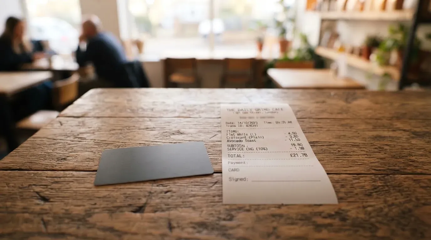 A receipt and a card on a café table