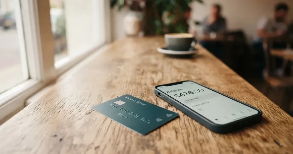 A payment card next to a phone with a crypto wallet app open