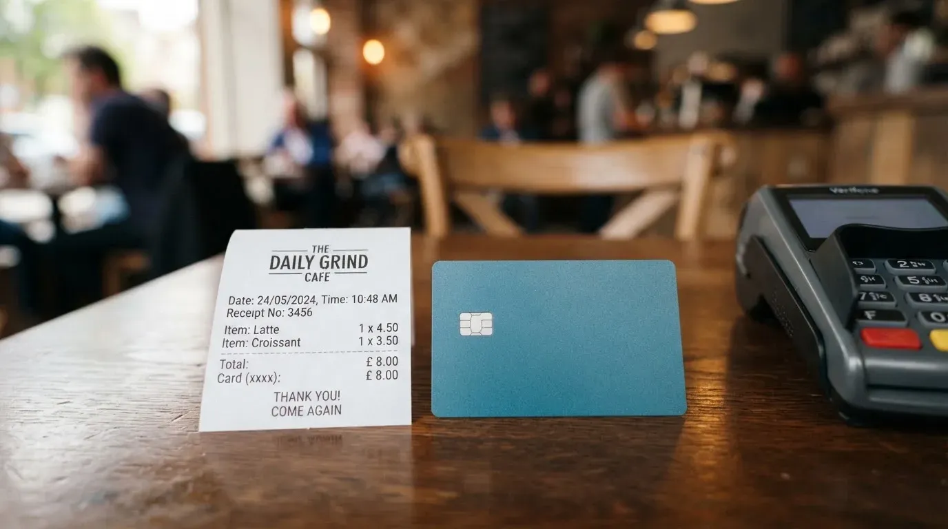 A receipt and a card on a café table