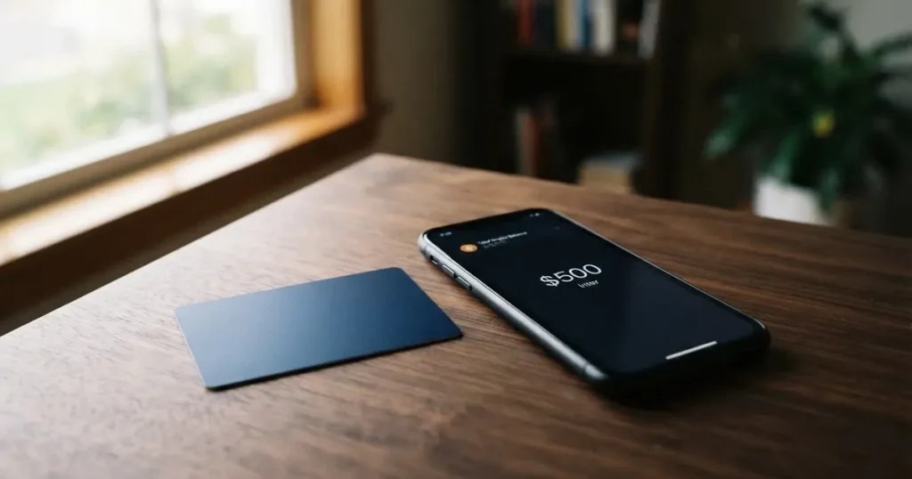 A payment card next to a phone with a crypto wallet app open
