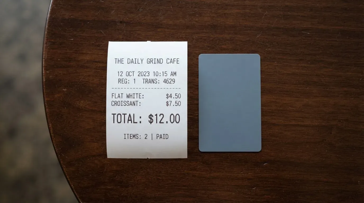 A receipt and a card on a café table