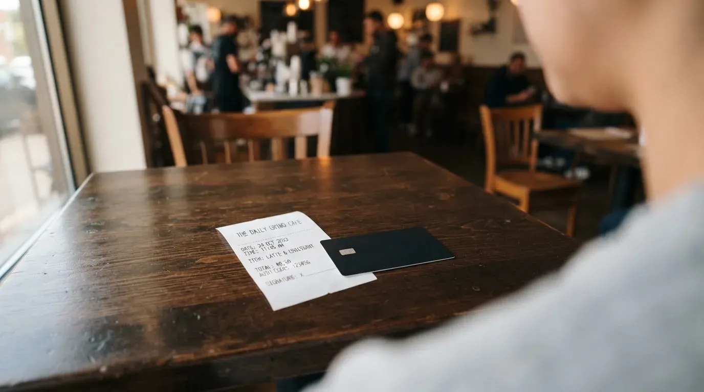 A receipt and a card on a café table