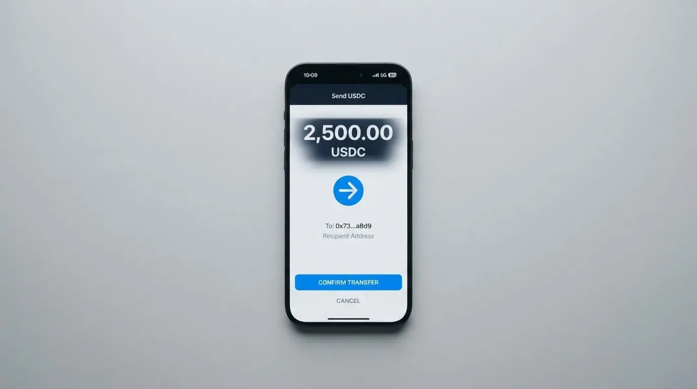 A phone showing a stablecoin transfer screen