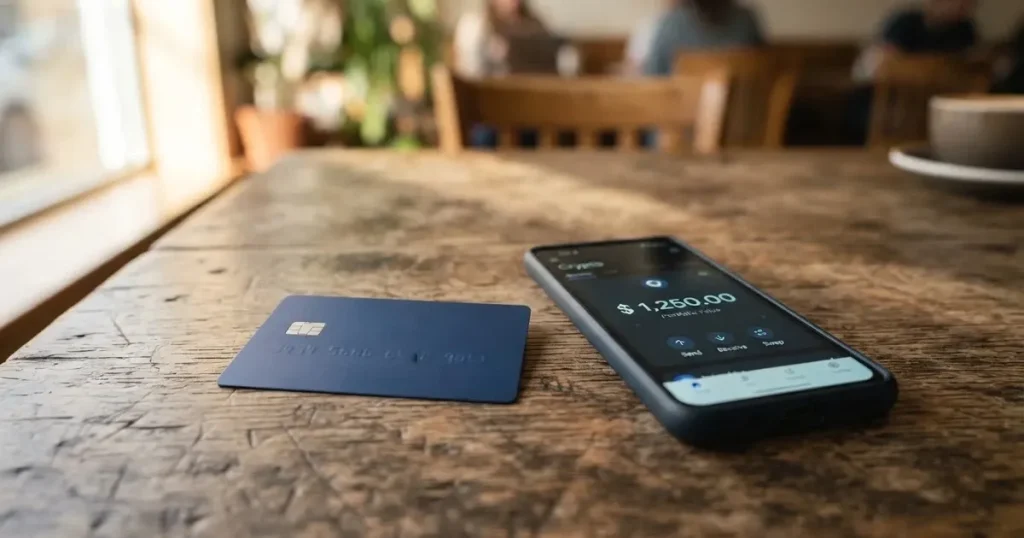 A payment card next to a phone with a crypto wallet app open