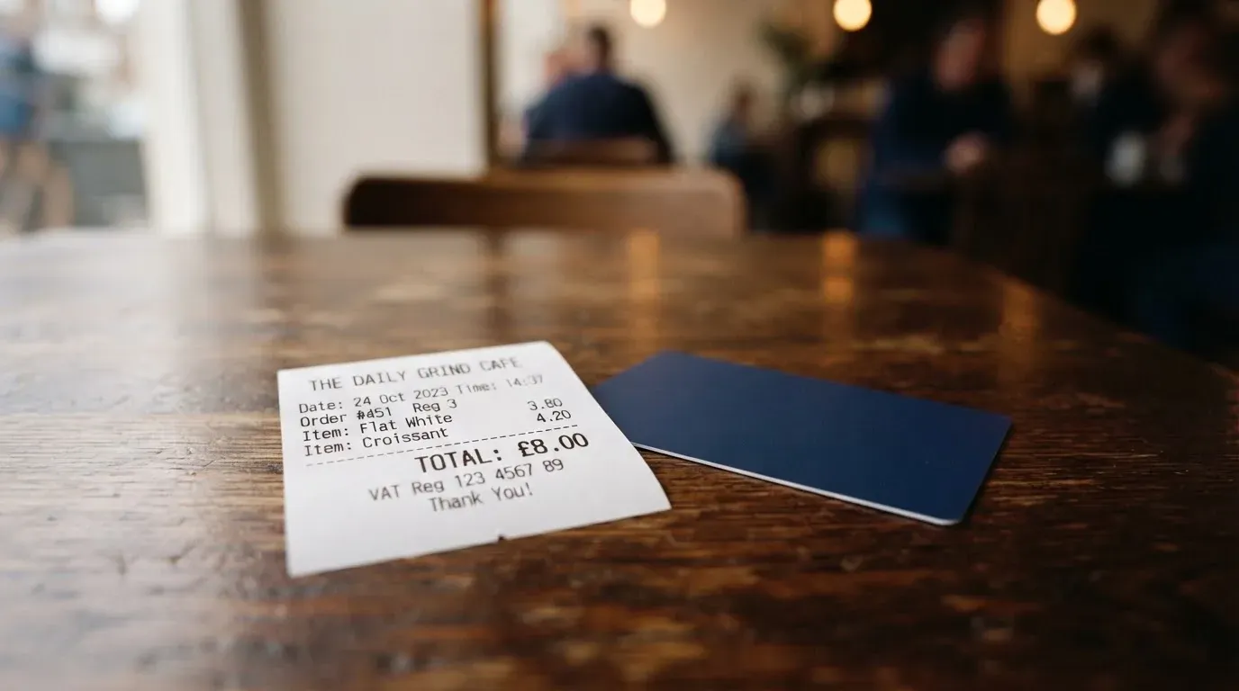 A receipt and a card on a café table