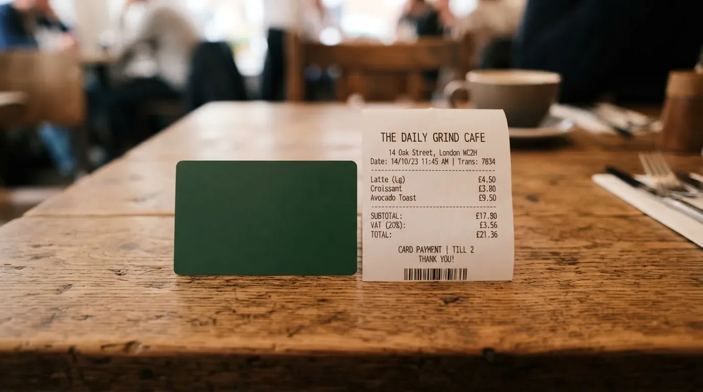 A receipt and a card on a café table