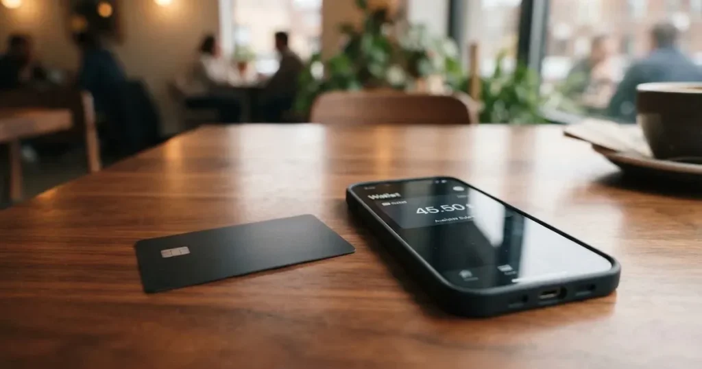 A payment card next to a phone with a crypto wallet app open