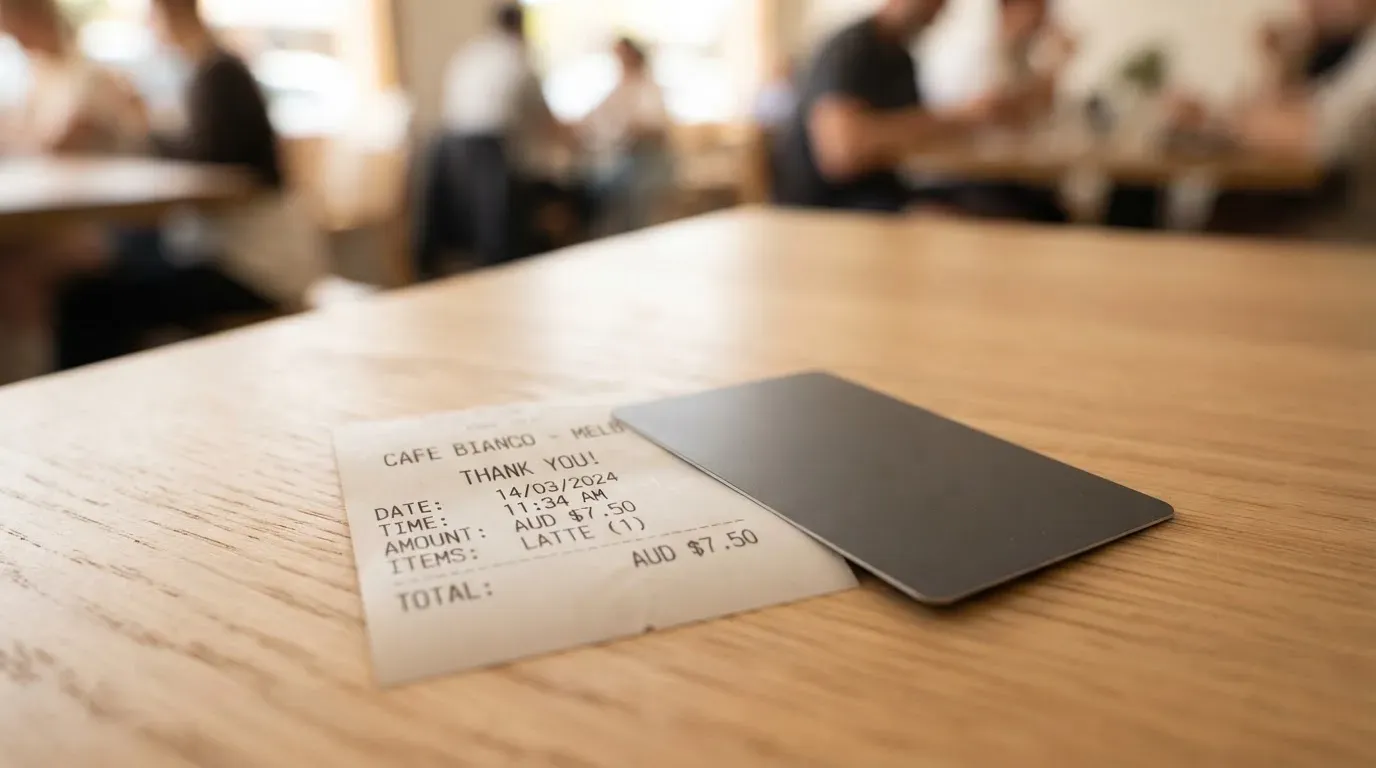 A receipt and a card on a café table